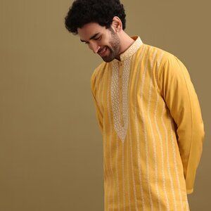Yellow Silk Kurta Set With Resham Work For Men